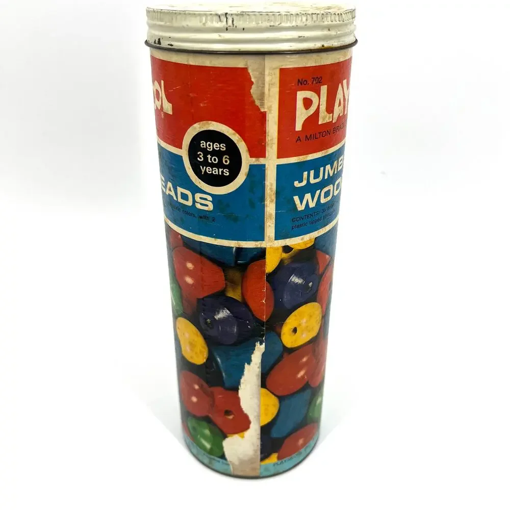 Vintage Playskool 702 Jumbo Wood Beads in Original Tin 1969